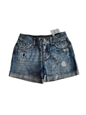 Justice 100% Cotton Distressed Detail Blue Denim Cuffed Jean Shorts Size 14 Girl
